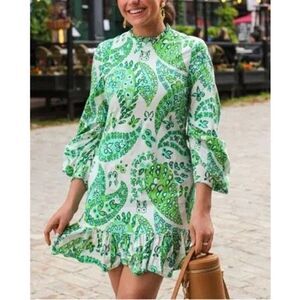 Staud Carolina Paisley Green & White Long Puff Sleeve Mini Dress Size 2